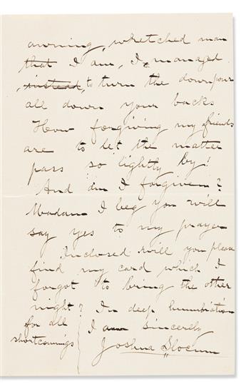 SLOCUM, JOSHUA. Two Autograph Letters Signed, to Dear Mrs. Anthony.